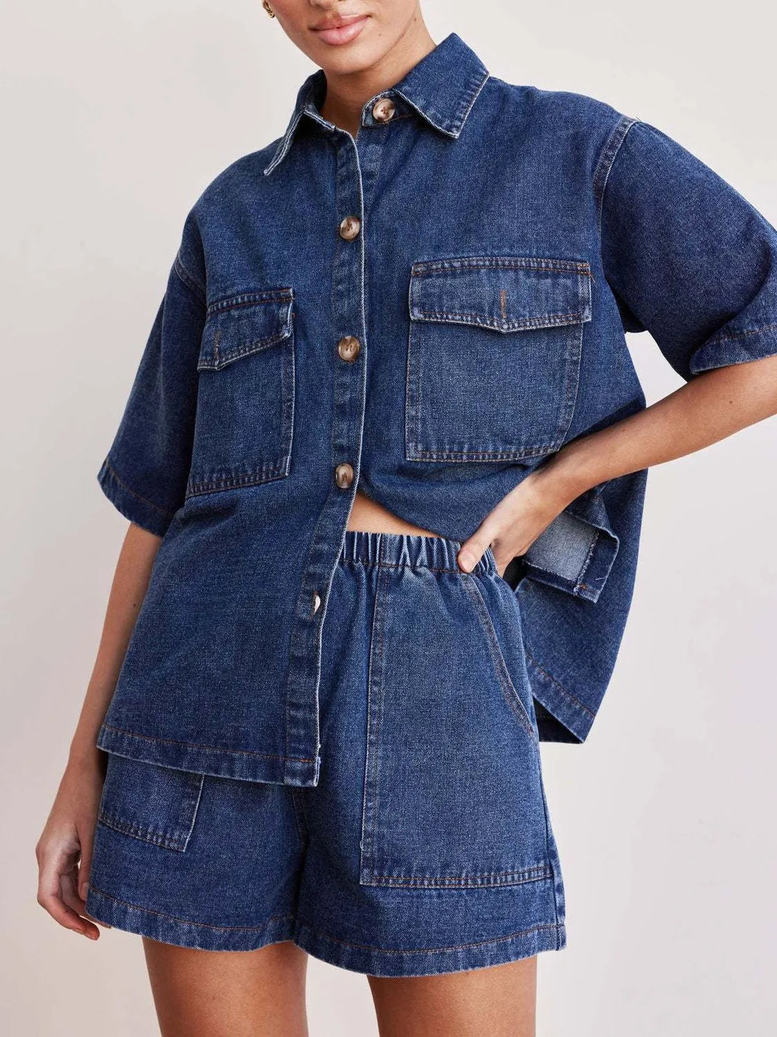 Janne - Button Up Short Sleeve Top en Shorts Denim Set